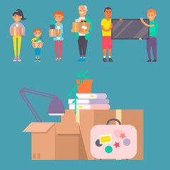 Happy young couple vector flat people moving in new house movement apartment together. Happy young couple moving service. Woman carrying boxes together with family person unpacking box character set