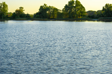 Fototapeta premium Blue lake with cloudy sky, nature series, a lake landscape with reflection from some trees.