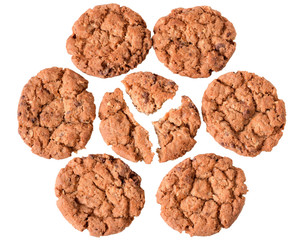 Pieces of crumbly cookies with cereals and chocolate isolated