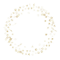 Memphis style geometric confetti vector background of triangle circle square shapes, chevron wavy lines.