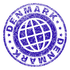 DENMARK stamp print with grunge texture. Blue vector rubber seal print of DENMARK label with grunge texture. Seal has words arranged by circle and globe symbol.