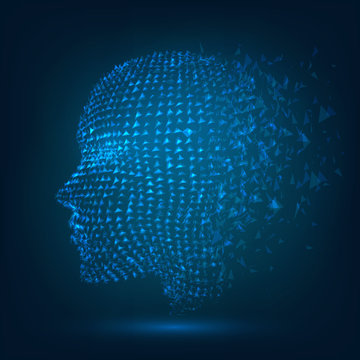 The crumbling head of a human, a hollogram. Concept: technology, artificial intelligence, the human soul