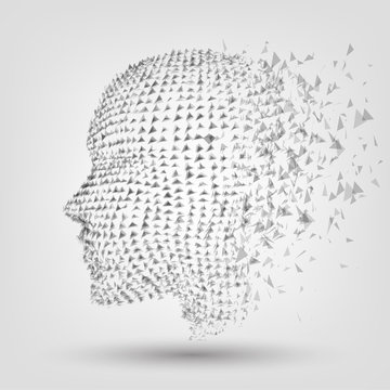 The crumbling head of a man from pieces, a hollogram. The concept: technology, artificial intelligence or stress, psychology, dipression.