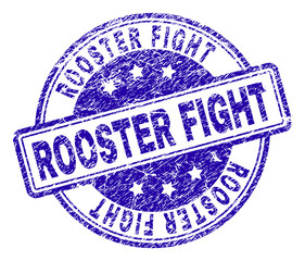 ROOSTER FIGHT stamp seal watermark with grunge texture. Designed with rounded rectangles and circles. Blue vector rubber print of ROOSTER FIGHT caption with grunge texture.