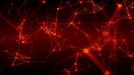 Abstract futuristic plexus 3D illustration of fiery red surface with connecting dots. Neural mesh representing internet, cloud computing and blockchain distributed network.