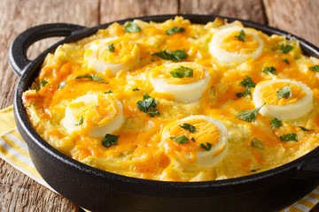 Authentic British food. Anglesey eggs baked with mashed potatoes, leek cheese sauce close-u. horizontal