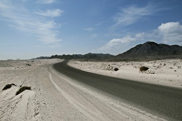 Wide panorama with dirt road in Oman desert and bushes near horizon