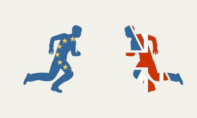 Image relative to politic situation between great britain and european union. Politic process named as brexit. Businessmen silhouettes textured by national flags