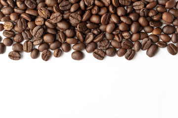 Roasted coffee beans for background with copy space area for text.