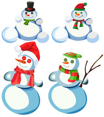 Set of four snowmen in various headdresses and in different scarves