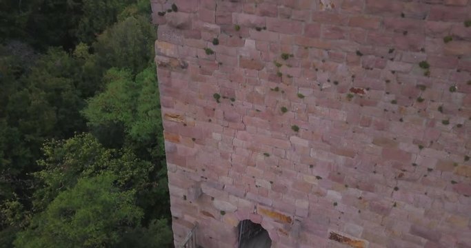 Aerial View of the Three Castles of Eguisheim, Alsace&not;&dagger;- Details. Ascending shot