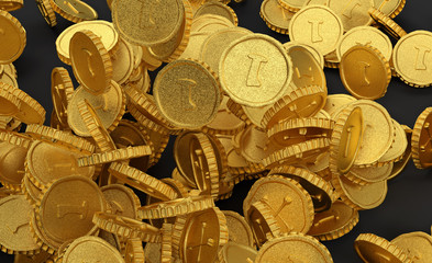 Pirate money background. Coins with skull and crossbones. 3D render Illustration.