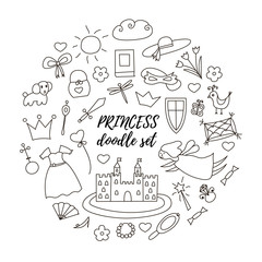 Princess concept with hand drawn brougham, castle, fairy, magic wand, crown, hat, flowers, dress, sword, shield, lettering, butterfly, bird, mask and other. vector illustration in doodle style