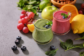 Colorful smoothie, healthy detox vitamin diet. Vegan drinks with fresh fruits