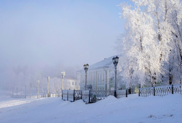 Volga River Embankment in the city of Uglich in the frosty winter afternoon.