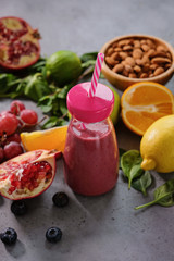 Colorful smoothie, healthy detox vitamin diet. Vegan drinks with fresh fruits