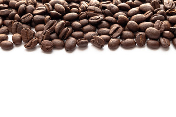 Roasted coffee beans for background with copy space area for text.
