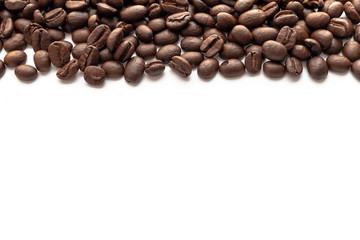 Roasted coffee beans for background with copy space area for text.