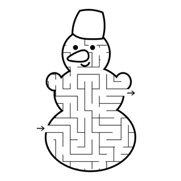 Labyrinth cute snowman. Game for kids. Puzzle for children. Cartoon style. Labyrinth conundrum. Black white vector illustration.