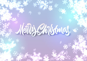 Christmas snowflakes background with falling snow and lettering or calligraphic greeting text