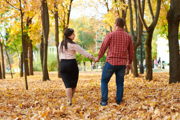 Couple is walking in autumn city park. Bright yellow trees.