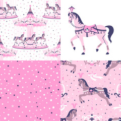Pink set of carousel seamless patterns. © aunaauna