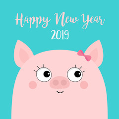 Happy New Year 2019. Pig piggy piglet girl face head. Eyes with eyelashes. Pink bow. Chinise symbol. Cute cartoon funny character. Flat design. Blue background. Isolated.