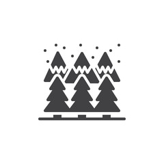Obraz premium Winter mountain forest vector icon. filled flat sign for mobile concept and web design. Snow mountain peaks and trees simple solid icon. Symbol, logo illustration. Pixel perfect vector graphics