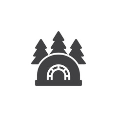 Igloo ice house in forest vector icon. filled flat sign for mobile concept and web design. Winter shelter home and trees simple solid icon. Symbol, logo illustration. Pixel perfect vector graphics
