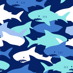  Hand drawn vector seamless camouflage pattern with cute sharks on dark blue background.  Perfect for fabric, wallpaper or wrapping paper.