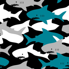  Hand drawn vector seamless camouflage pattern with cute sharks on black background.  Perfect for fabric, wallpaper or wrapping paper.