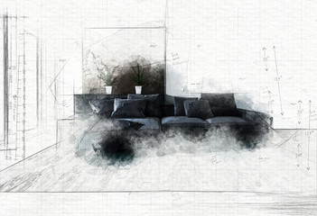 Interior sketch with sofa