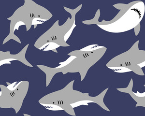 Hand drawn vector seamless pattern with cute sharks on dark blue background.  Perfect for fabric, wallpaper or wrapping paper.