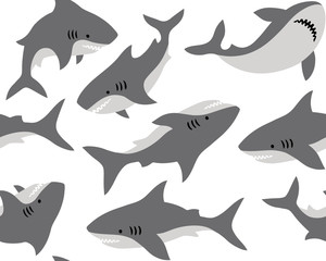 Hand drawn vector seamless pattern with cute sharks on white background.  Perfect for fabric, wallpaper or wrapping paper.