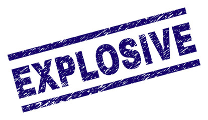 EXPLOSIVE seal print with scratced style. Blue vector rubber print of EXPLOSIVE title with corroded texture. Text title is placed between parallel lines.