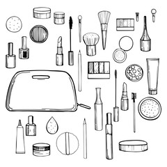 Hand drawn decorative cosmetics for makeup.V ector sketch  illustration. © rraya