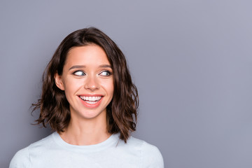 Close up portrait of ecstatic overjoyed lady with her modern hai