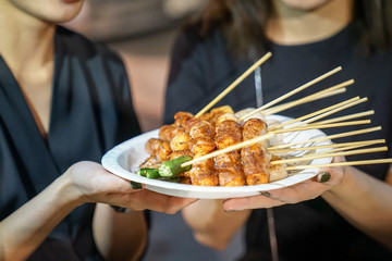 Spicy Mala (Chinese spices) Barbecue pork thai style, Foodtruck, Bangkok, Thailand.