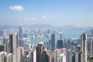 Beautiful view of HongKong skyline in the day of bright and clear blue sky