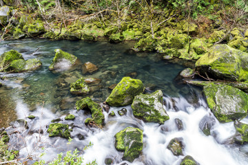 Iconic Moss covered rocks at stream in Oregon, Columbia River Gorge popular with tourists