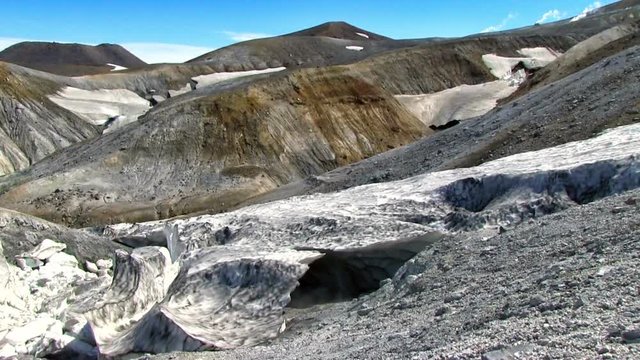 Panorama of the slope of Ebeko volcano on Paramushir Island. Kuril Islands, Russia