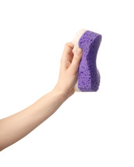 Woman holding sponge for cleaning on white background