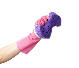 Woman holding sponge for cleaning on white background