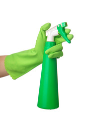 Woman holding spray bottle of detergent on white background