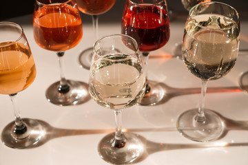 Glasses of different wine on table