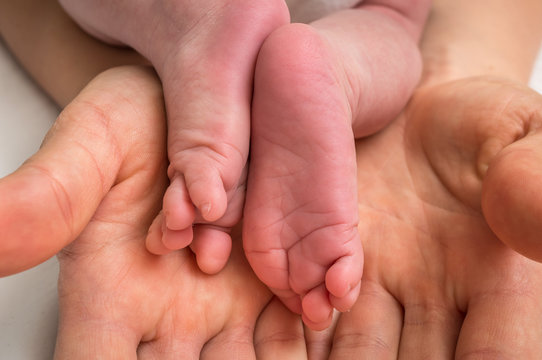 Newborn baby feet in hands of mother