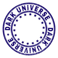 DARK UNIVERSE stamp seal watermark with grunge texture. Designed with circles and stars. Blue vector rubber print of DARK UNIVERSE title with grunge texture.