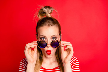 Close-up portrait of nice astonished lovely glamorous charming a