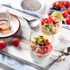 Yogurt in glass with fresh berries