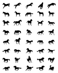 Black silhouettes of horses on a white background